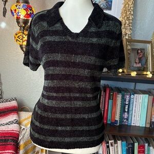 Vintage Express Tricot Black and Green Striped V-Neck Sweater Top - Medium